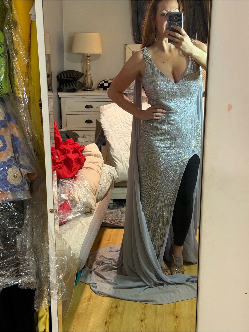 Portia and Scarlett Silver Sequin V‑Neck Gown with Cape and Slit